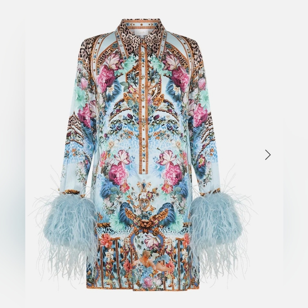 Camilla,"Letters To Leo", silk,crystal accent,ostrich feather,Mini shirt dress.